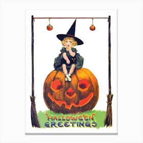 Little Witch Girl On A Big Pumpkin Looking At Apples Hunging In Fornt Of Her Canvas Print