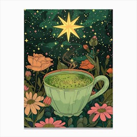 Green Tea With Flowers And Stars Canvas Print