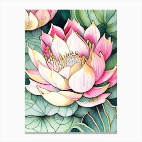 Lotus Flower Repeat Pattern Watercolour Ink Pencil 1 Canvas Print
