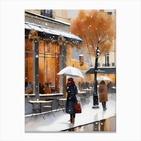 Paris cafes, winter season, Christmas, autumn oil colors, pale colors, pedestrians in the street, winter clothes, falling snow.Christmas decorations.6 2 Canvas Print