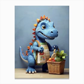 Blue Dinosaur With Shopping Basket Square Nursery Kids 1 Canvas Print