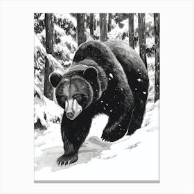 Malayan Sun Bear Walking Through A Snow Covered Forest Ink Illustration 3 Canvas Print
