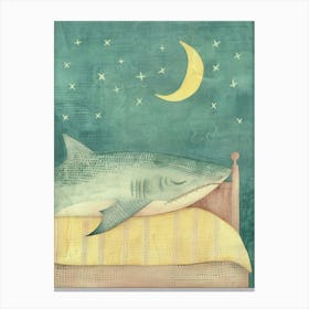 Pastel Blue Sleepy Shark With Moon Illustration 2 Canvas Print