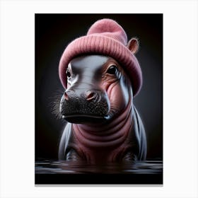 Baby Hippo in pink beanie hat 5 Canvas Print