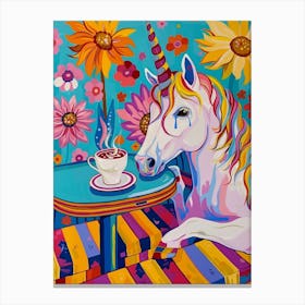 Floral Fauvism Style Unicorn Drinking Coffee 1 Canvas Print