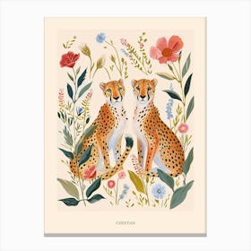 Folksy Floral Animal Drawing Cheetah 2 Poster Canvas Print