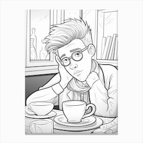 Colouring Book Style Person In Cafe Canvas Print