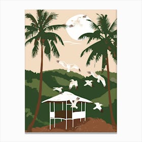 Seagulls Flying Over Palm Trees Canvas Print