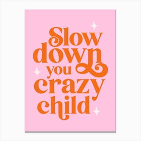 Pink Typographic Slow Down You Crazy Child Canvas Print