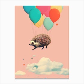 Vintage Collage Flying Hedgehog Balloons Canvas Print