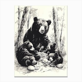 Malayan Sun Bear Family Picnicking Ink Illustration The Woods Ink Illustration 2 Canvas Print