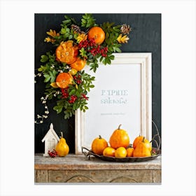 A Captivating Autumnal Scene Showcasing Ripe Oranges And Vibrant Pumpkins Resting On A Rustic Table (6) Canvas Print