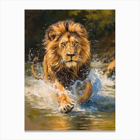 African Lion Crossing A River Acrylic Painting 1 Canvas Print