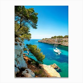 Sailboat At Cala Pi Bay, Cala Pi, Mallorca, Balearic Islands, Spain Canvas Print