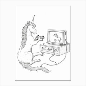 Unicorn Playing Video Games Black & White Doodle Canvas Print