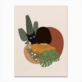 Minimal art Illustration Of A Woman With A Cat and plant Canvas Print