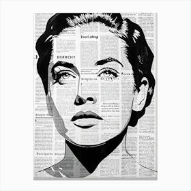 Newspaper Background Woman Portrait Art Print - Black and White Canvas Print