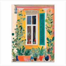 House facade with retro windows and plants Canvas Print