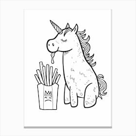 Unicorn Eating Fries Black & White Illustration Canvas Print