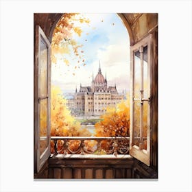 Window View Of Budapest Hungary In Autumn Fall, Watercolour 1 Canvas Print