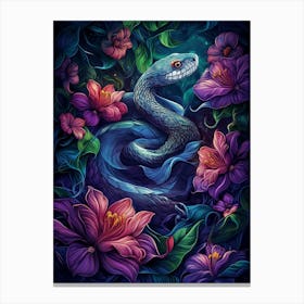 Blue Snake With Purple Flowers Canvas Print