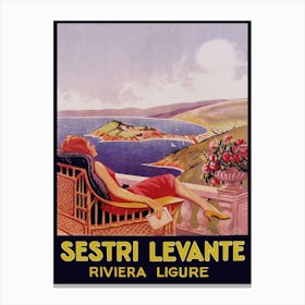 Sestri Levante Italy, Woman Reading, Vintage Travel Poster Canvas Print