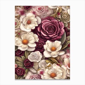 Burgundy Roses, Pink And Ivory Flowers Background Canvas Print