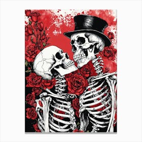 Floral Abstract Kissing Skeleton Lovers Ink Painting (11) Canvas Print
