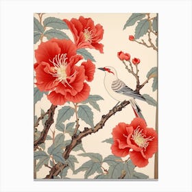 Camellia And Bird Vintage Japanese Botanical Canvas Print