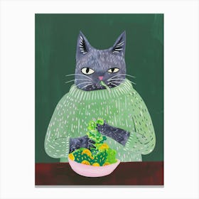 Blue Cat Eating Salad Folk Illustration 3 Canvas Print