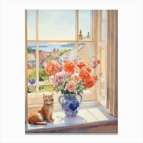 Cat With Gladiolus Flowers Watercolor Mothers Day Valentines 2 Canvas Print