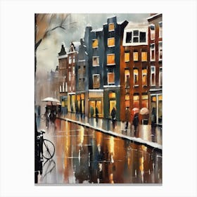 Amsterdam cafes, winter season, winter oil colors, pedestrians in the street, winter clothes, rain falling, Amsterdam print, Netherlands print, travel gift, Netherlands poster.10 12 Lienzo