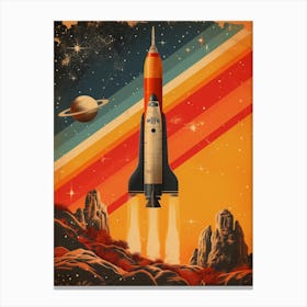 Space Odyssey: Retro Poster featuring Asteroids, Rockets, and Astronauts: Space Shuttle Launch Canvas Print