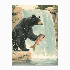 American Black Bear Catching Fish In A Waterfall Storybook Illustration 3 Canvas Print