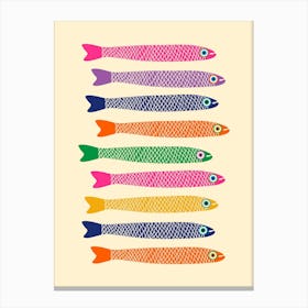 ANCHOVIES Retro Swimming Fish Horizontal in Rainbow Pink Purple Blue Orange Green Yellow on Cream Canvas Print