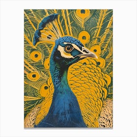 Blue Mustard Peacock Linocut Inspired 1 Canvas Print