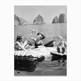 Women Eating Pasta, Women Relaxing on Float on a Lake, Vintage Black and White Old Photo Canvas Print