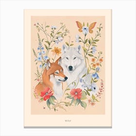 Folksy Floral Animal Drawing Wolf 2 Poster Canvas Print
