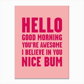 Hello Youre Awesome Nice Num Pink Canvas Print