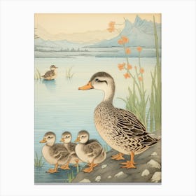 Mother Duck With Ducklings Japanese Woodblock Style Canvas Print