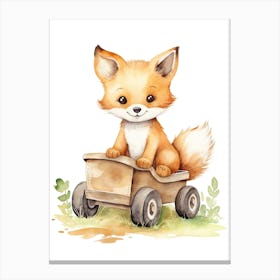 Baby Fox On Toy Car, Watercolour Nursery 3 Canvas Print