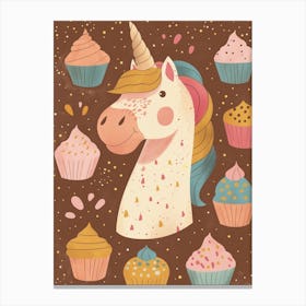 Unicorn With Cupcakes Mocha Muted Pastels 1 Canvas Print