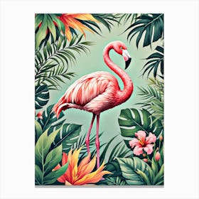 Vintage Style Flamingo Surrounded By Tropical Leaves, Retro Vibes Canvas Print