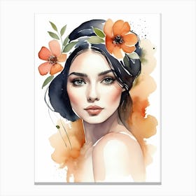 Floral Woman Portrait Watercolor Painting (21) Canvas Print