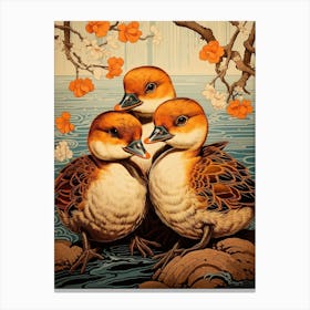 Sweet Ducklings Japanese Woodblock Style 3 Canvas Print