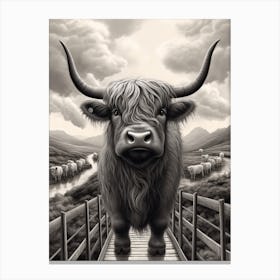 Black & White Illustration Of Highland Cow And Sheep Crossing A Bridge Canvas Print