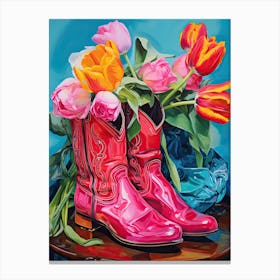 Oil Painting Of Tulips Flowers And Cowboy Boots, Oil Style 2 Canvas Print