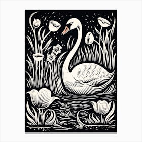 B&W Bird Linocut Swan 5 Canvas Print
