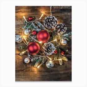 Christmas Decorations On A Wooden Table Canvas Print