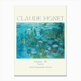 Claude Monet Cyan Waterlilies Painting - Nympheas 1915 at Giverny Monet's Garden Water Lilies Labelled Fine Art Poster Print for Feature Wall in HD - Original Painting at Neue Pinakothek in Munich - Fully Remastered High Definition Canvas Print